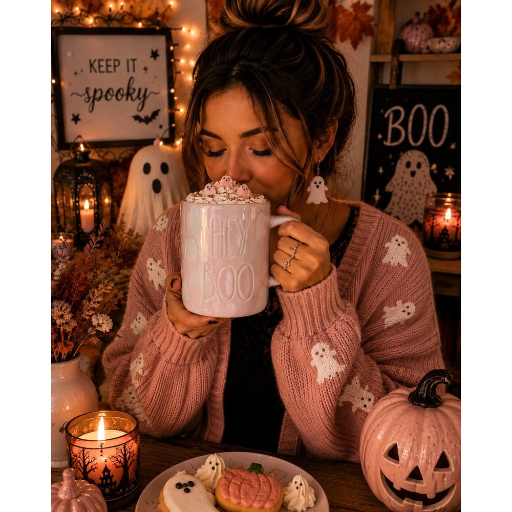 Rae Dunn HEY BOO Mug 16oz Pink Lusterware Ghost Halloween 2018 Spooky Cute